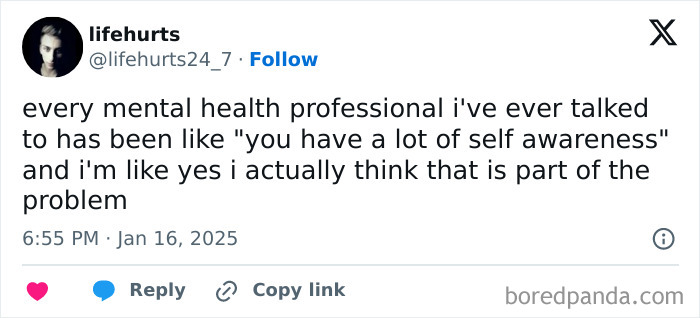 Amusing meme from IG account about self-awareness struggles, shared by user lifehurts24_7 on social media.