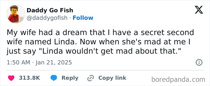 Funny meme for men about a wife's dream of a secret second wife named Linda, sparking humorous banter.
