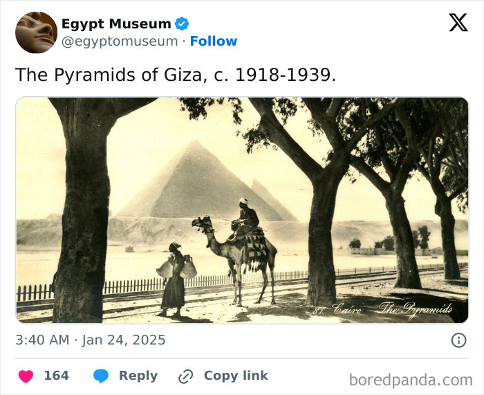 Vintage photo of Pyramids of Giza with camel and figures, showcasing ancient Egyptian artifacts.