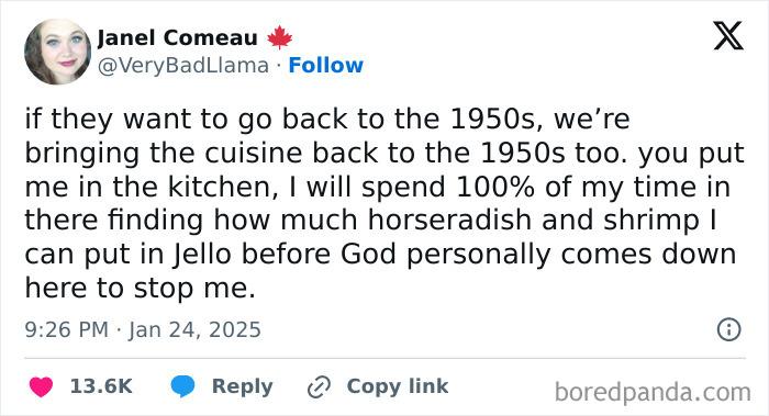 Social media post humorously addressing sexism with a 1950s cuisine twist.