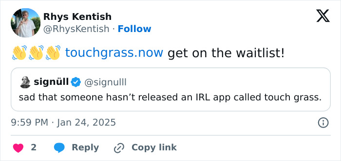 Tweet about "Touch Grass" app waitlist linking social media and reality.