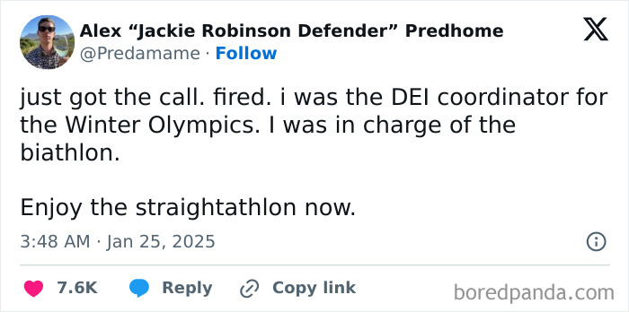 Tweet about being fired as DEI coordinator for Winter Olympics in charge of biathlon.