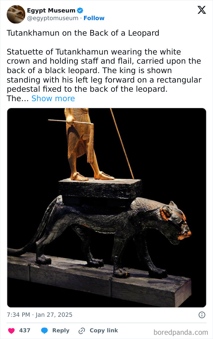 Ancient Egyptian artifact of Tutankhamun riding a black leopard, showcasing the civilization's magnificence.