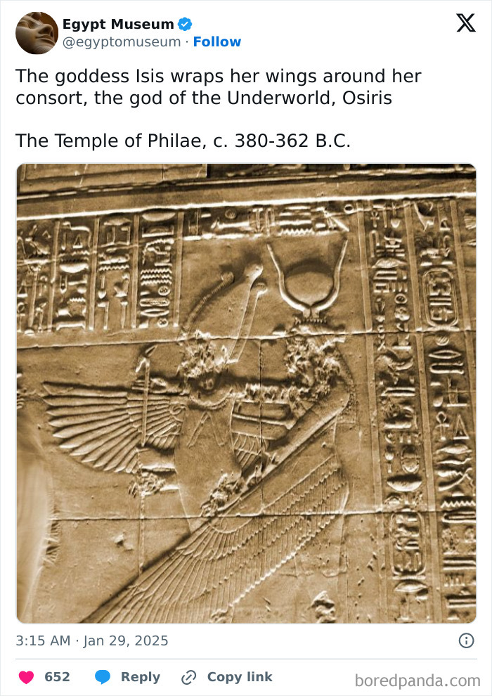 Ancient Egyptian artifact depicting goddess Isis embracing Osiris with wings at the Temple of Philae, illustrating their mythology.