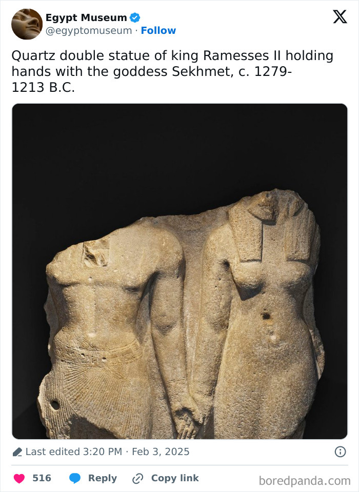 Ancient Egyptian quartz statue of King Ramesses II and goddess Sekhmet, showcasing magnificent craftsmanship.