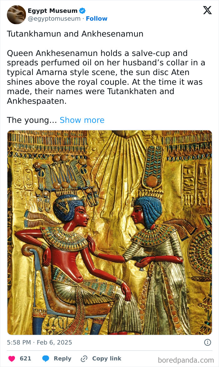 Ancient Egyptian artifacts depicting Tutankhamun and Ankhesenamun in a golden Amarna style scene.