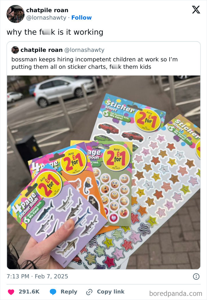 Person holding humorous sticker packs, referencing funny work tweets.