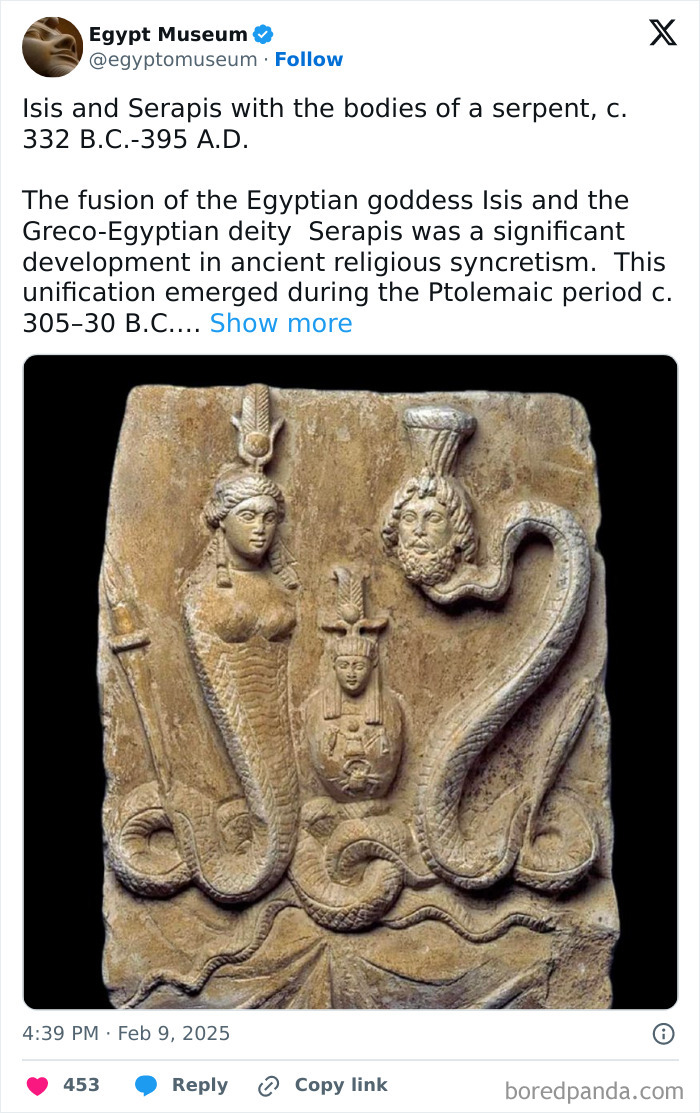 Ancient Egyptian artifact depicting Isis and Serapis as serpent figures, showcasing religious syncretism.
