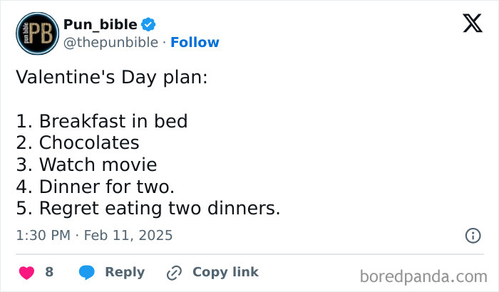 Funny meme about Valentine's Day plan with humor on overeating, shared by a popular Facebook page.