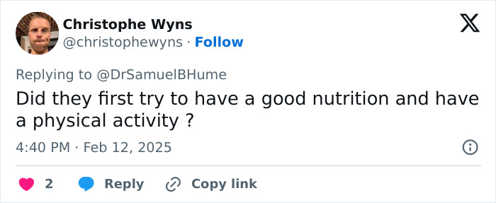 Tweet questioning lifestyle choices amid anti-obesity meds and weight loss craze. Tweet questioning lifestyle choices amid anti-obesity meds and weight loss craze.