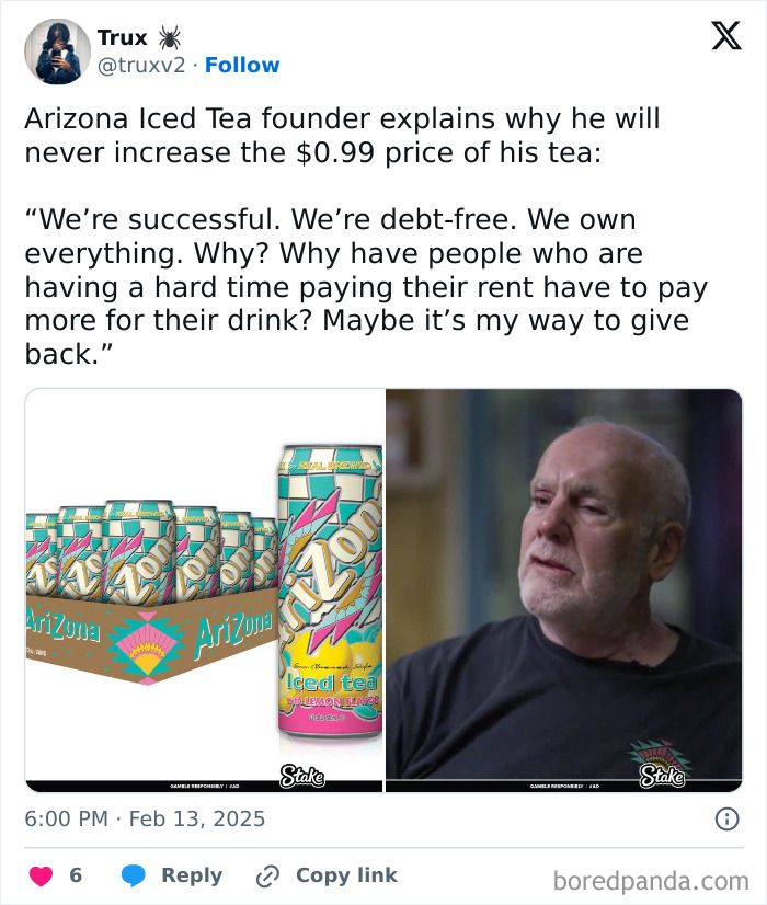 Arizona Iced Tea founder discusses not increasing the price, alongside an image of the drink's packaging.