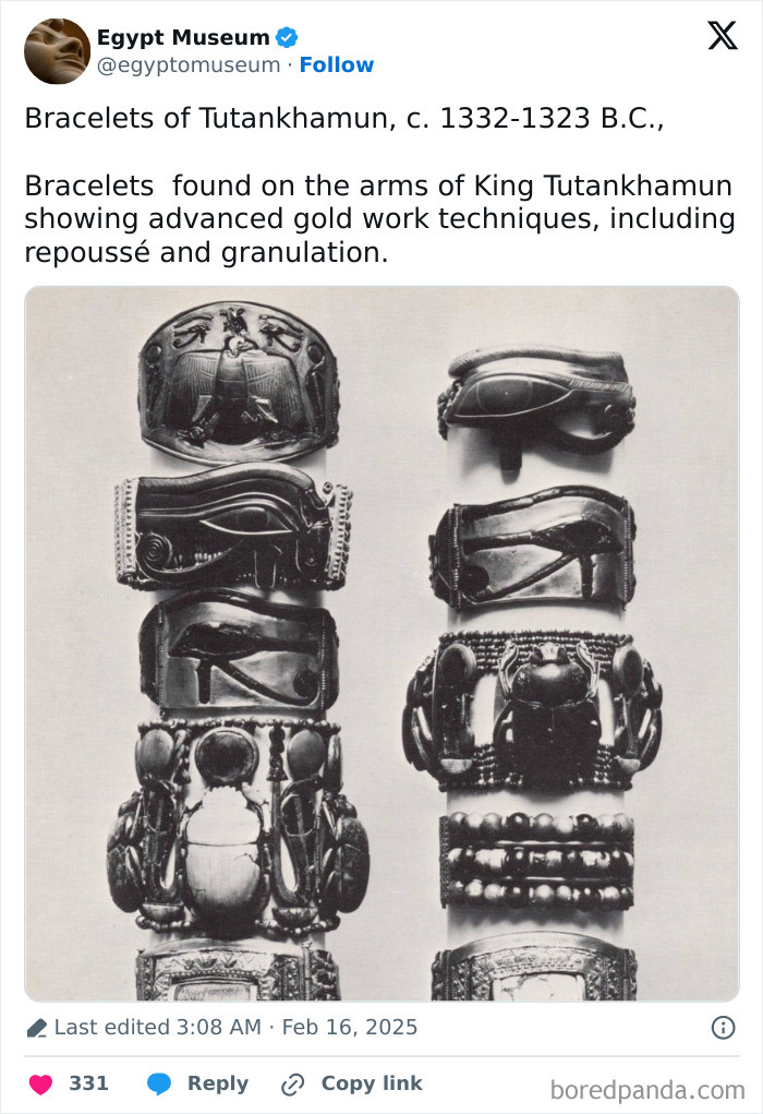 Ancient Egyptian artifacts: intricate gold bracelets of King Tutankhamun showcasing repoussé and granulation techniques.