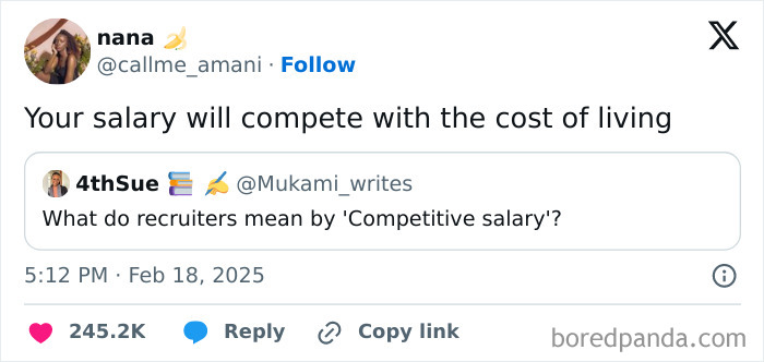 Tweet humorously defines "competitive salary" in a way related to broke people jokes, highlighting cost of living challenges.