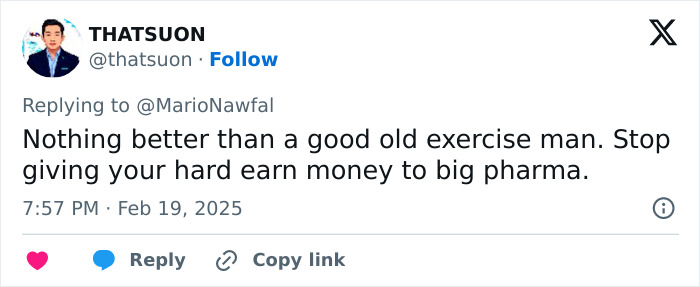 Tweet discussing anti-obesity meds and exercise amid weight loss craze. Tweet discussing anti-obesity meds and exercise amid weight loss craze.