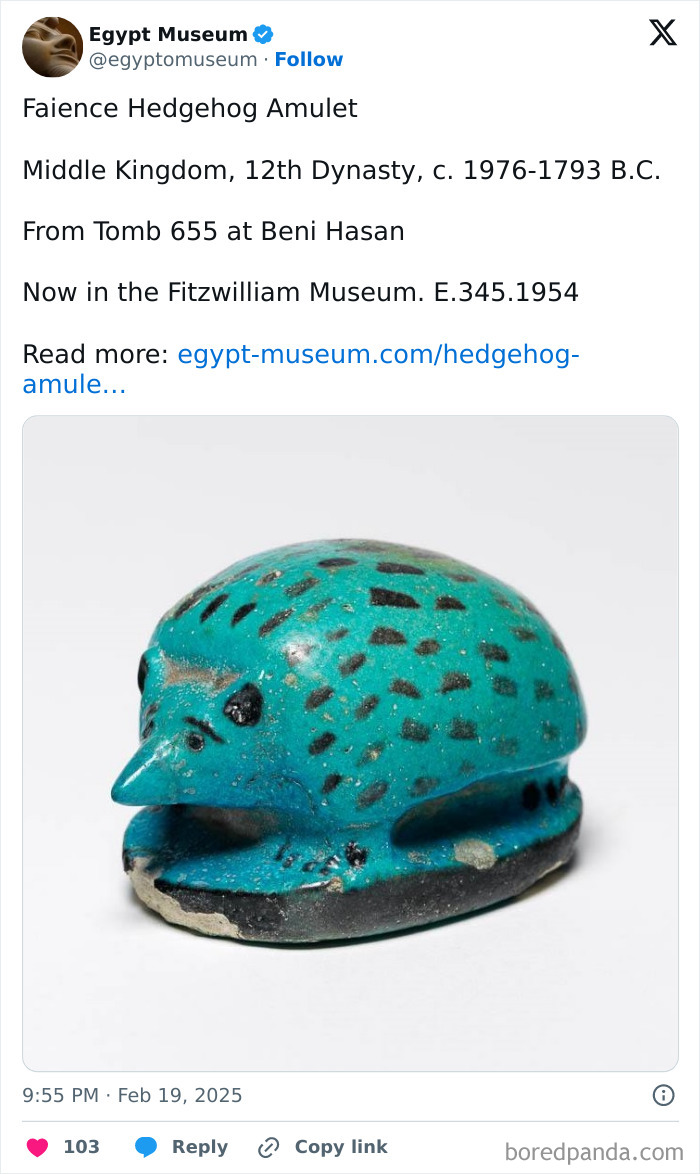 Ancient Egyptian faience hedgehog amulet, Middle Kingdom artifact in blue glaze, from 12th Dynasty.