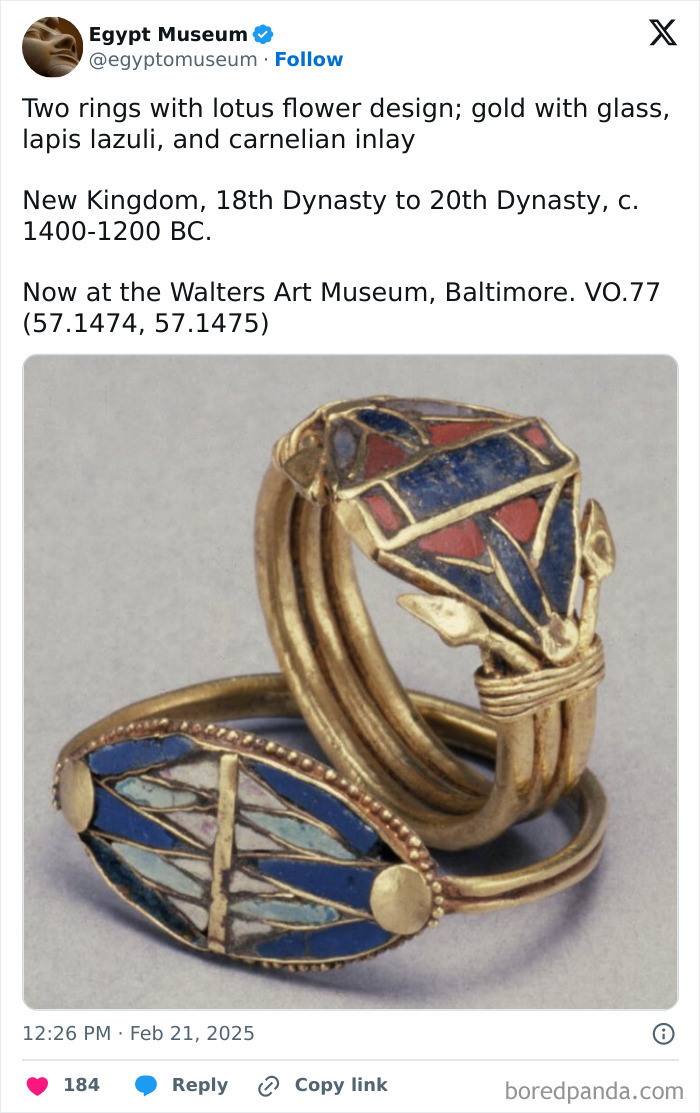 Ancient Egyptian lotus design rings in gold, featuring glass, lapis lazuli, and carnelian inlay, New Kingdom artifacts.
