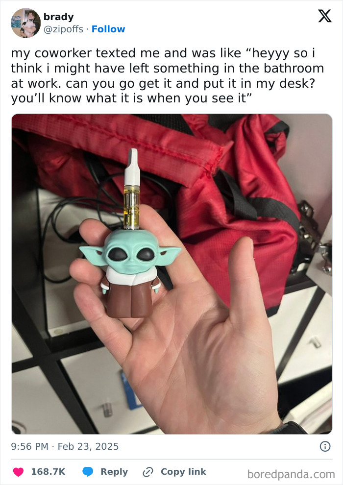 Humorous work tweet with a photo of a small toy found in the office bathroom.