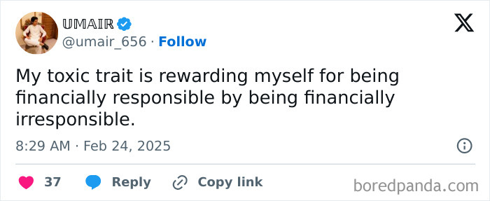 Tweet meme about financial responsibility, humorously addressing personal finance habits.