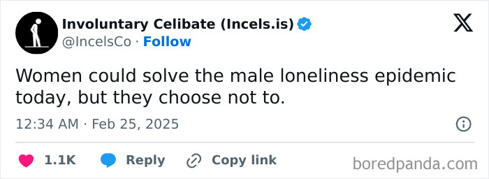 Tweet claiming women could end male loneliness epidemic, implying choice not to; evokes frustration.