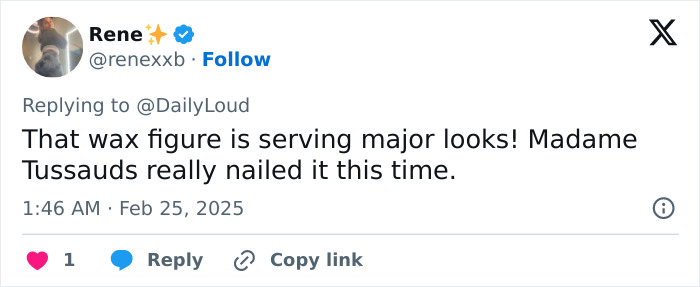 Tweet praising Beyoncé's new wax figure at Madame Tussauds, referencing its style and impact. Tweet praising Beyoncé's new wax figure at Madame Tussauds, referencing its style and impact.