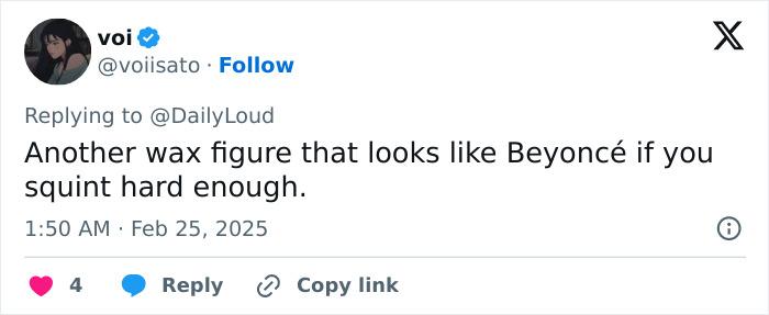 Tweet commenting on Beyoncé's new wax figure, sparking online debate. Tweet commenting on Beyoncé's new wax figure, sparking online debate.
