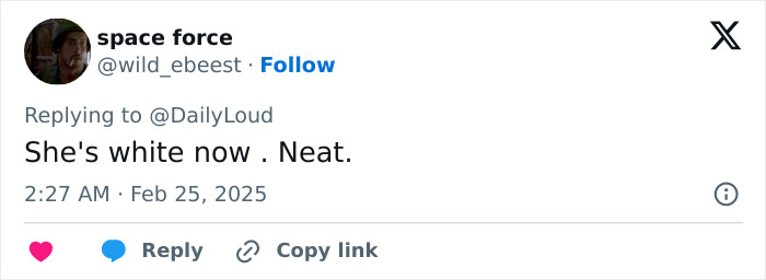 Tweet reacting to Beyoncé's new country-themed wax figure with the text "She's white now. Neat. Tweet reacting to Beyoncé's new country-themed wax figure with the text "She's white now. Neat.