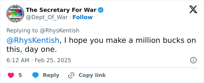 Tweet by "The Secretary For War" discussing app controversy, hoping someone makes money on launch day.