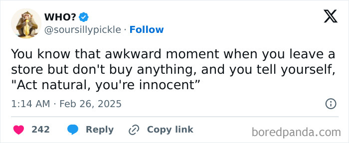 Awkward life moment tweet about feeling odd leaving a store empty-handed.