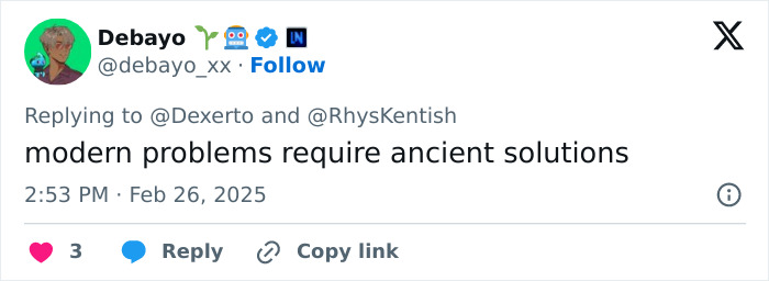 Tweet from user responding to an app controversy: "modern problems require ancient solutions".