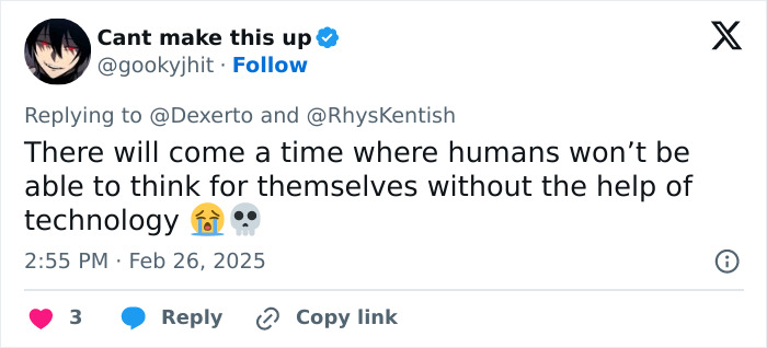 A tweet discussing reliance on technology, related to the "Touch Grass" app controversy.