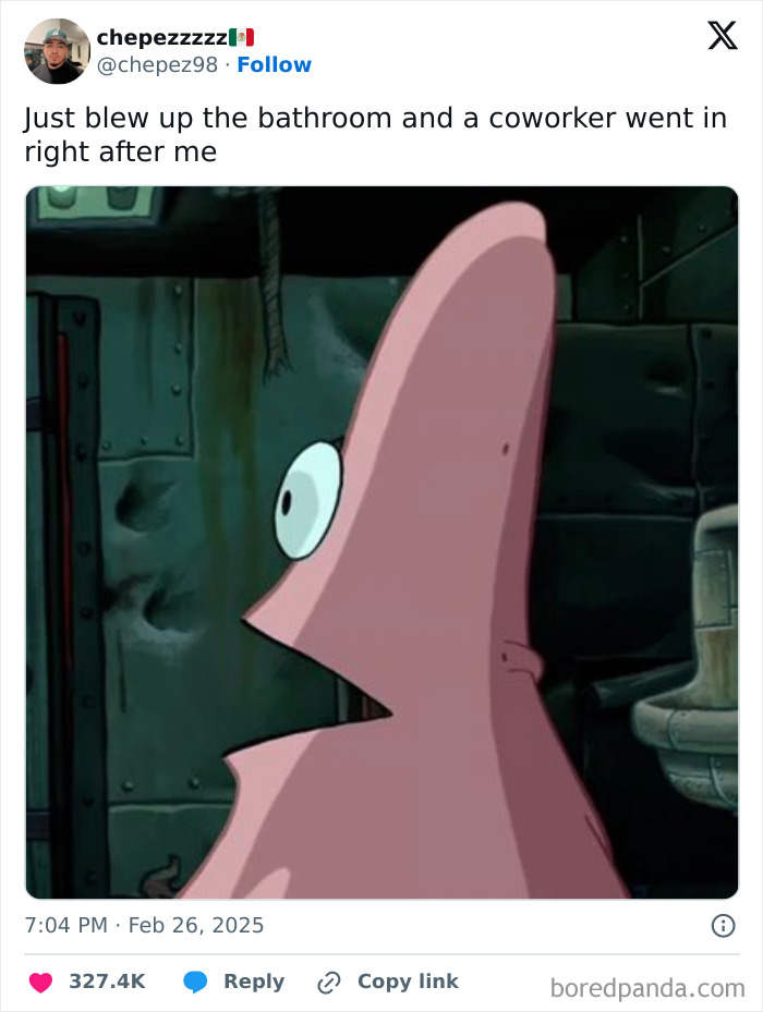 Cartoon character looking shocked, with a funny tweet about a work bathroom mishap.