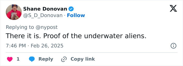Tweet by Shane Donovan joking about an alien fish, mentioning "proof of the underwater aliens.