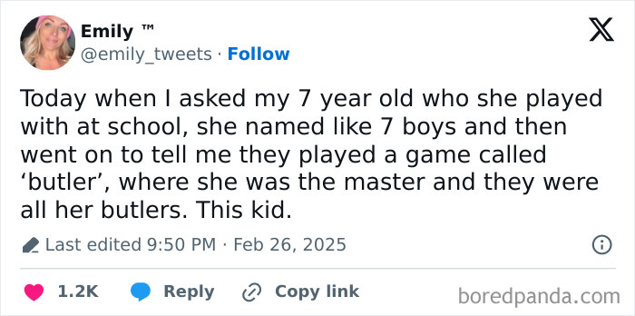 Tweet about a child playing "butler" with classmates; humorous and relatable parenting moment.