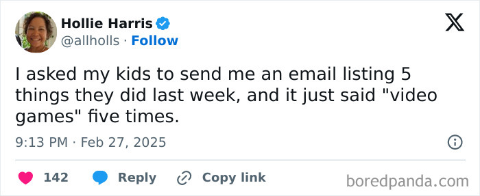 Tweet by a parent humorously describing kids' email about past week’s activities, focusing on "video games."