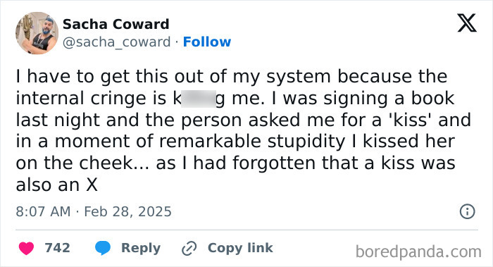 Tweet about an awkward moment during a book signing, with 742 likes and 9 reposts.