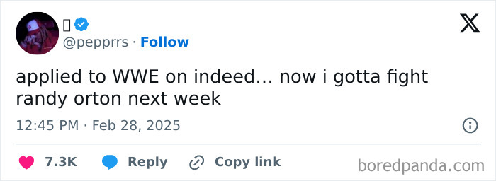 Tweet about job application on Indeed turning into a WWE match, featuring humor about unexpected work challenges.