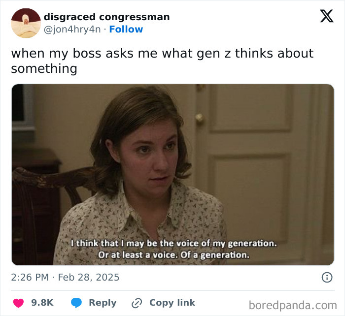Woman in office scene humorously reacting, reflecting on generation's voice with funny work tweet overlay.