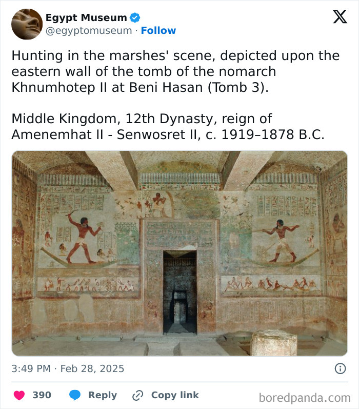 Ancient Egyptian artifact showing hunting scene on Khnumhotep II's tomb wall, Beni Hasan, Middle Kingdom.