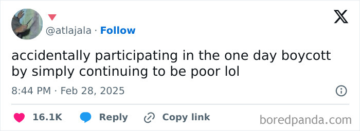 Tweet about accidentally joining a boycott, humorously highlighting broke people jokes.