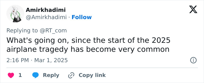 Tweet discussing frequent airplane tragedies in 2025, referencing packages delayed.