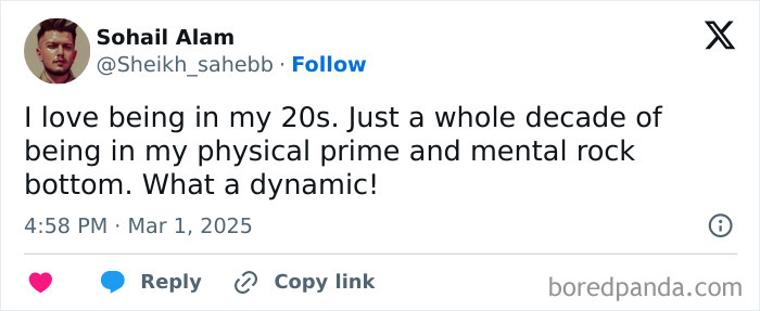 Tweet about navigating adulthood in your 20s, highlighting the mix of physical prime and mental challenges.
