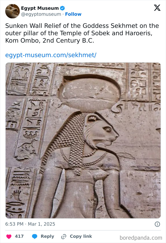 Ancient Egyptian artifact depicting Goddess Sekhmet in a sunken relief, Temple of Sobek and Haroeris, 2nd Century B.C.