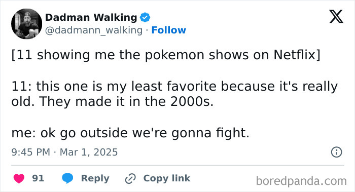 Tweet about parenting humor with child discussing old Pokémon shows on Netflix.