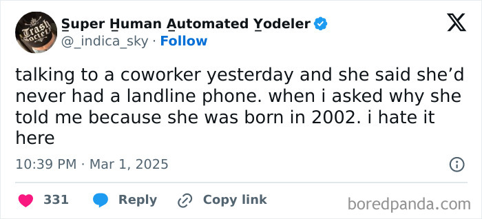 Relatable post on Twitter about a coworker's surprise at landline phones, highlighting generational differences.