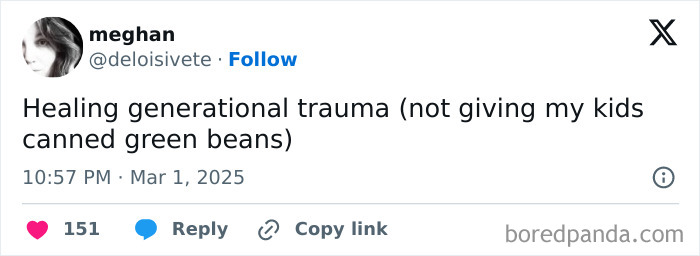 Tweet by a parent humorously discussing healing trauma by avoiding canned green beans.