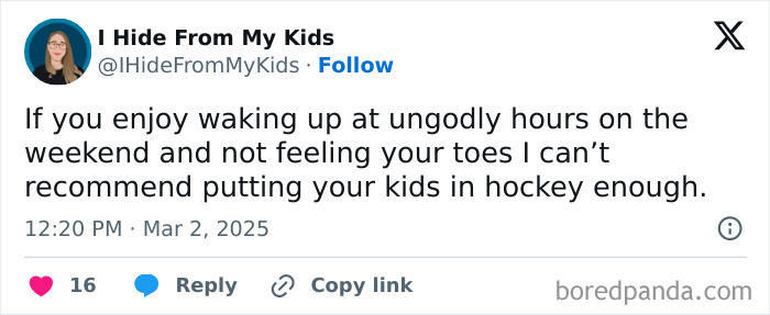 Twitter post about relatable parenting humor with kids in hockey, highlighting early weekends and cold toes.