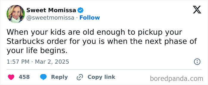 Tweet humorously comments on parenting, highlighting the milestone of kids picking up Starbucks orders.