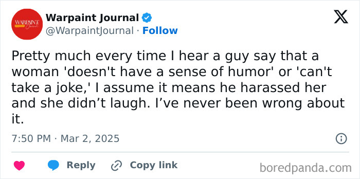 Tweet from Warpaint Journal addressing sexism with a comment on humor and harassment dynamics.