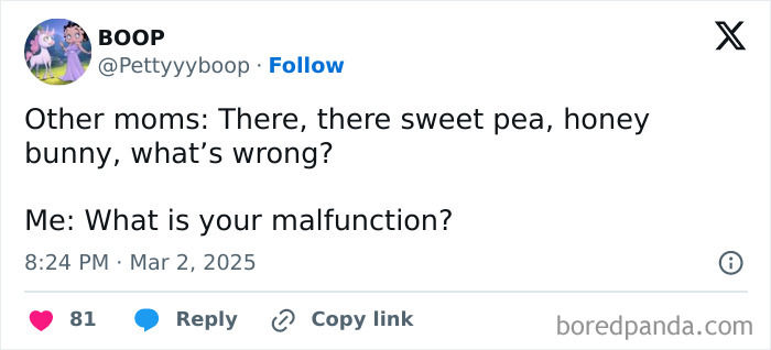 Tweet by a parent comparing calm and blunt responses to a child's issue.