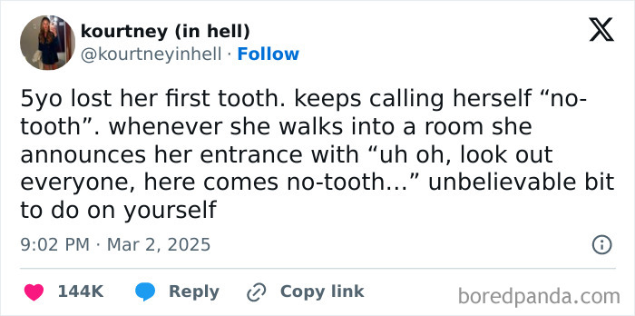 Parent shares hilarious tweet about 5-year-old calling herself "no-tooth" after losing her first tooth.